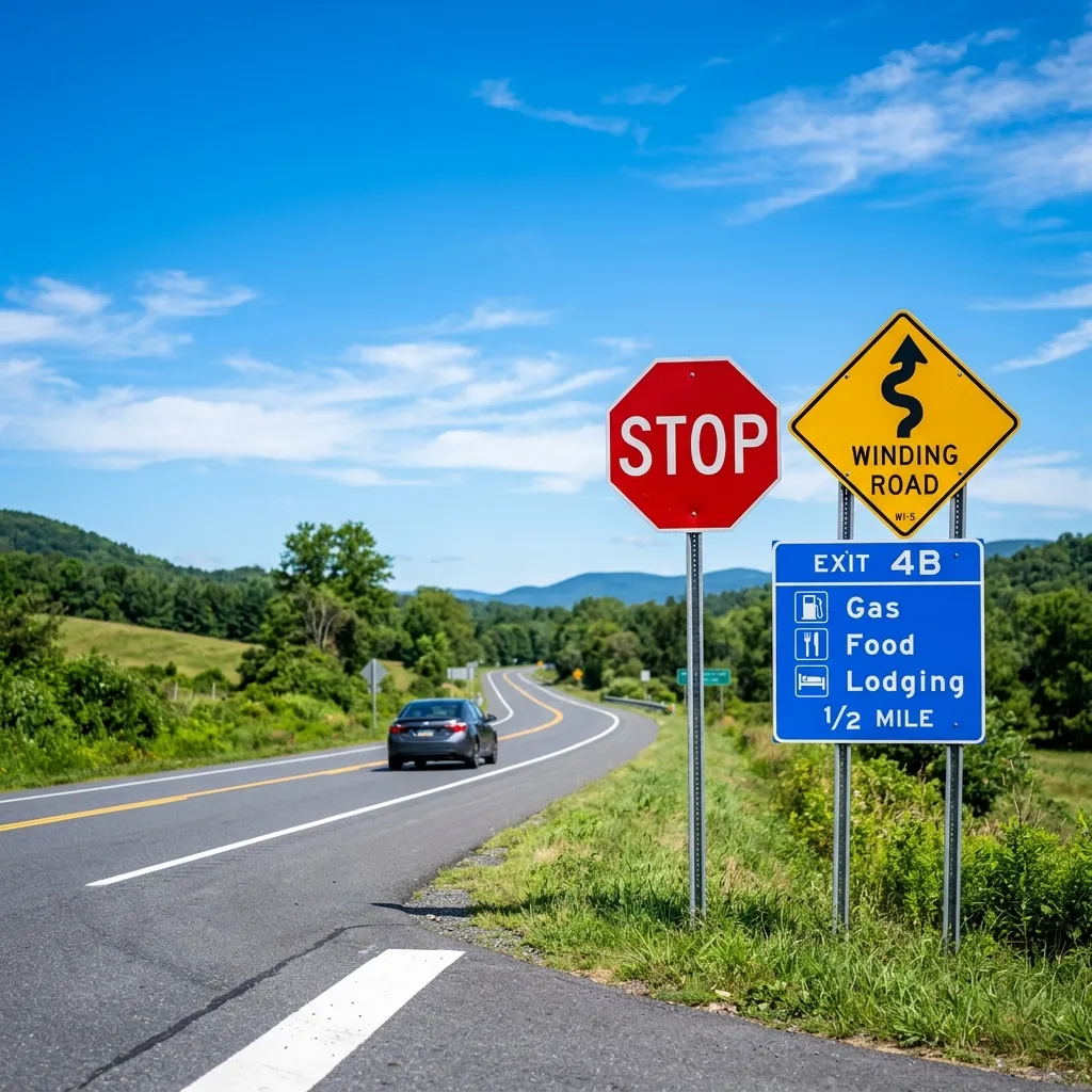Diversos tipos de señales de tránsito en una ruta argentina