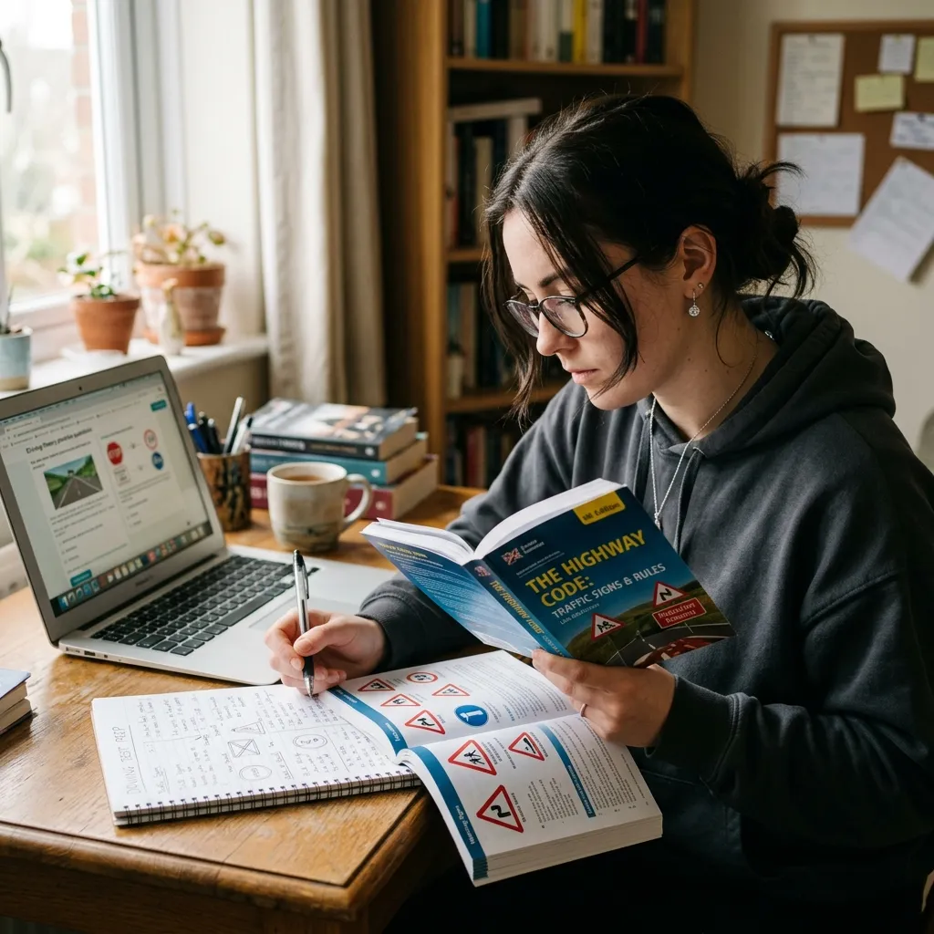 Estudiante preparándose para el examen teórico de señales de tránsito